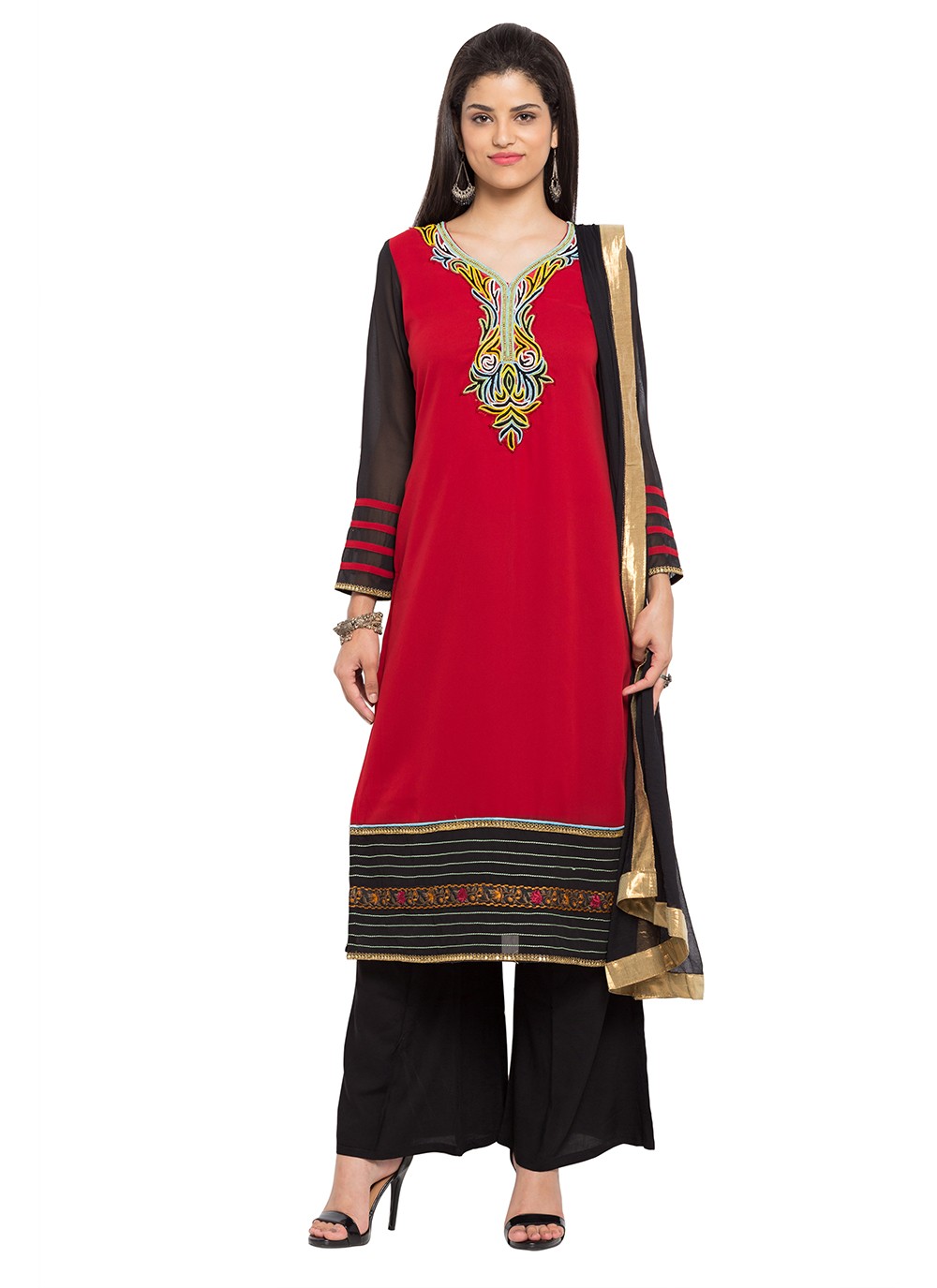 Embroidered Faux Georgette Red Readymade Salwar Kameez