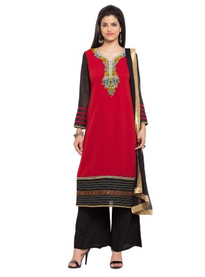 Embroidered Faux Georgette Red Readymade Salwar Kameez