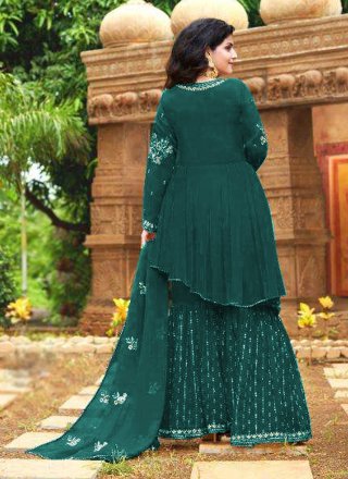 Embroidered Faux Georgette Teal Designer Palazzo Suit