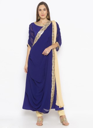 Embroidered Georgette Pant Style Suit in Blue