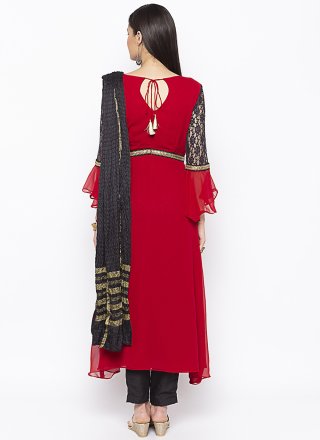 Embroidered Georgette Red Pant Style Suit