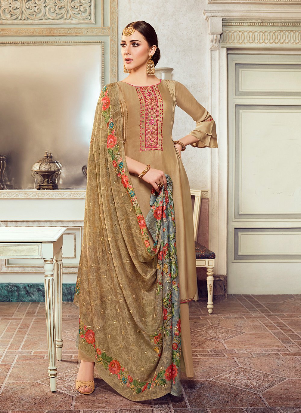 Embroidered Georgette Satin Designer Palazzo Suit