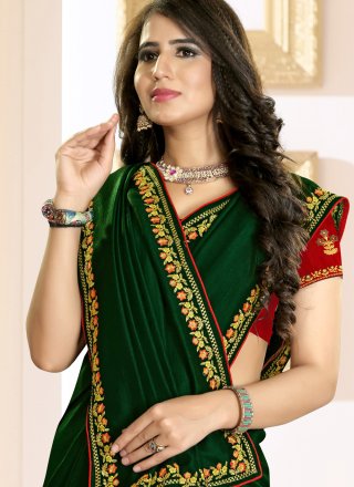 Embroidered Green Raw Silk Traditional Saree