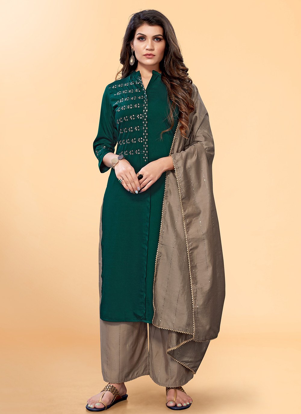 Embroidered Green Silk Palazzo Designer Suit