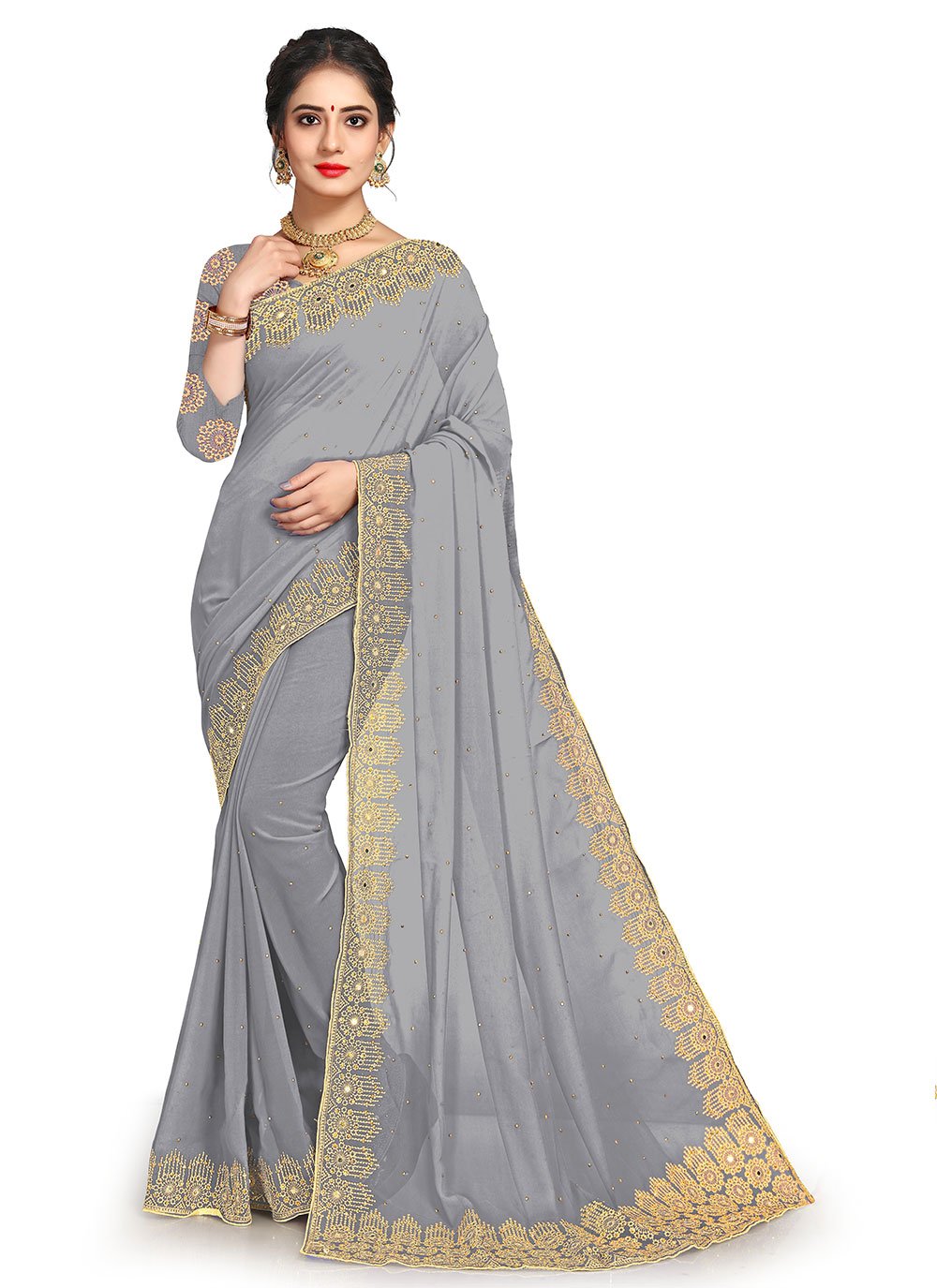 Embroidered Grey Faux Georgette Classic Saree