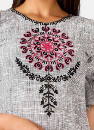 Embroidered Grey Khadi Party Wear Kurti