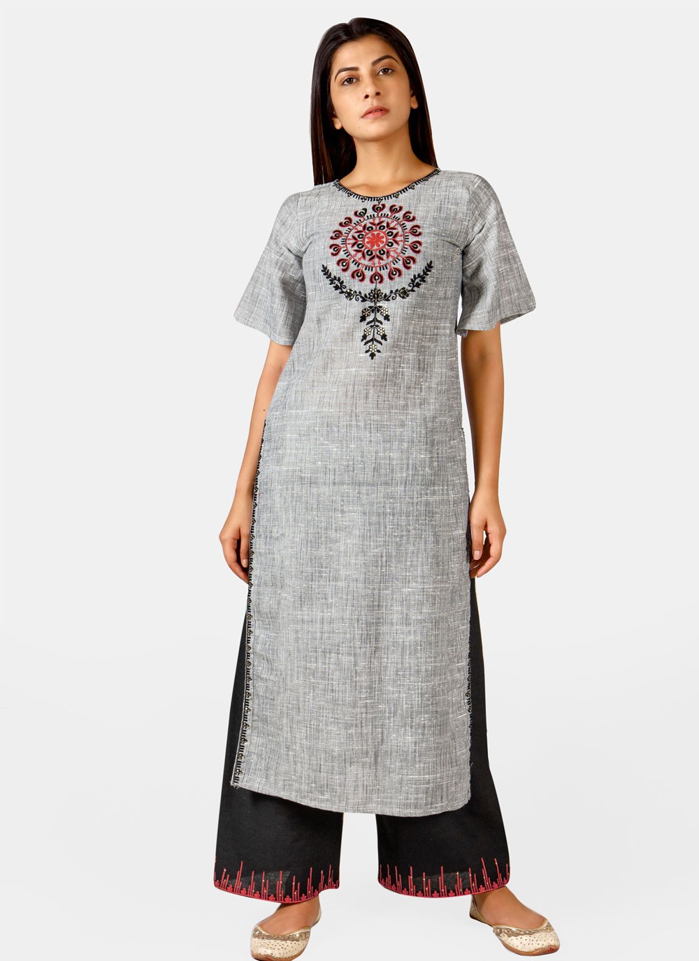 Embroidered Grey Khadi Party Wear Kurti