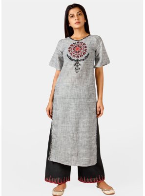 Embroidered Grey Khadi Party Wear Kurti