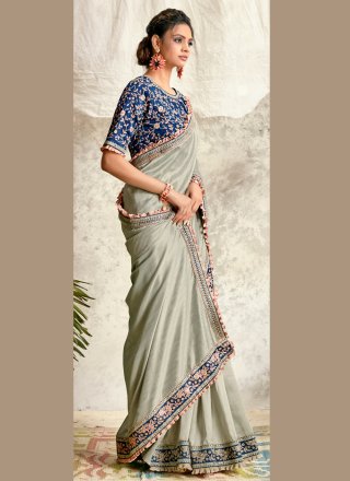 Embroidered Grey Silk Designer Traditional Saree
