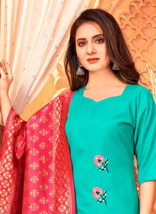 Embroidered Handloom Cotton Pant Style Suit in Sea Green