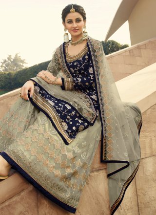 Embroidered Jacquard Silk Designer Palazzo Salwar Suit in Blue