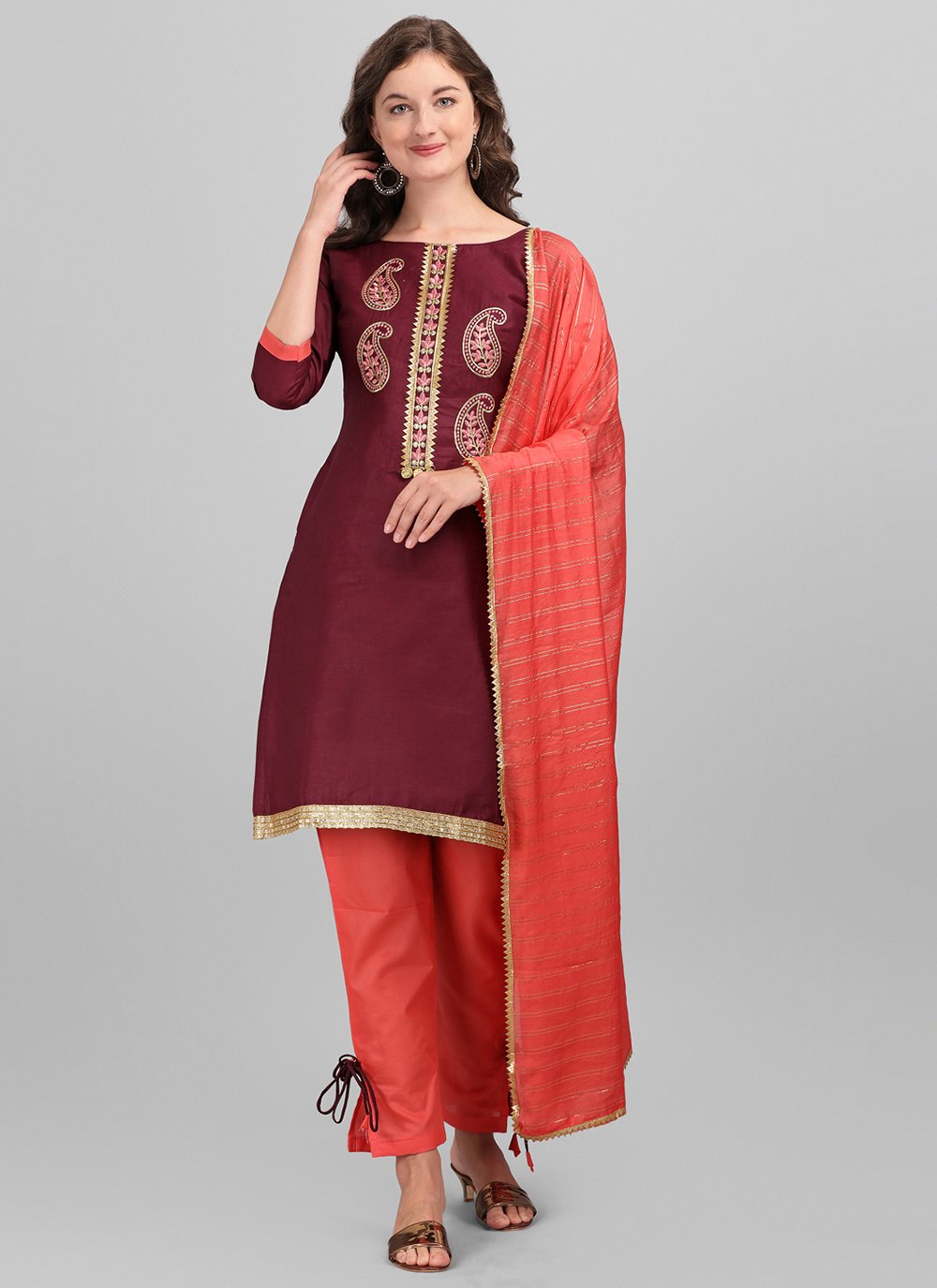 Embroidered Maroon Cotton Pant Style Suit