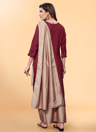 Embroidered Maroon Silk Designer Palazzo Suit