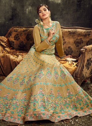 Embroidered Mustard Art Silk Designer Floor Length Salwar Suit