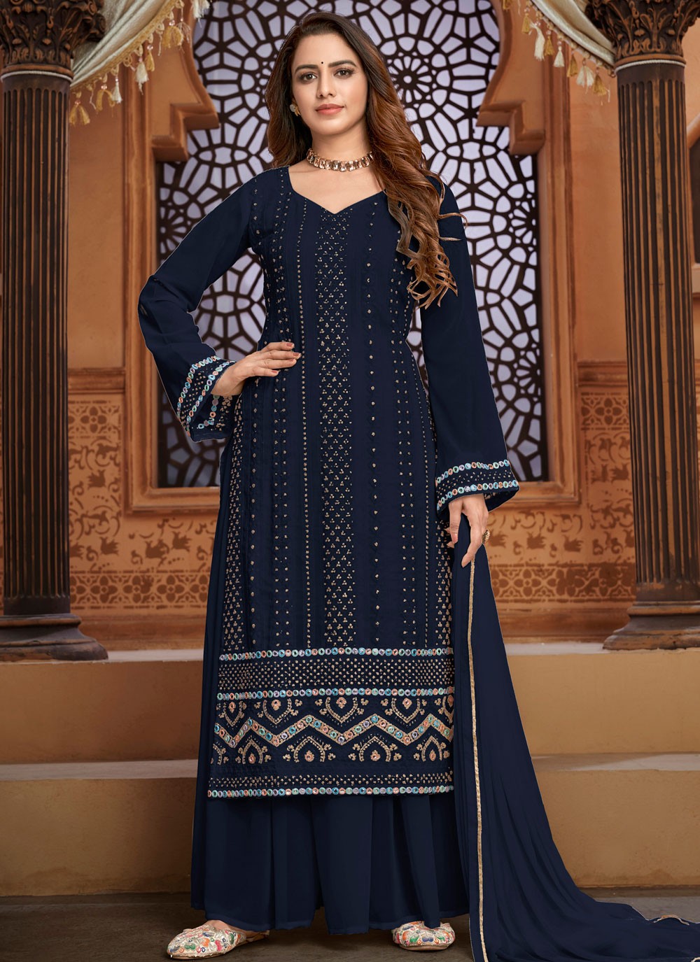 Embroidered Navy Blue Faux Georgette Designer Pakistani Salwar Suit