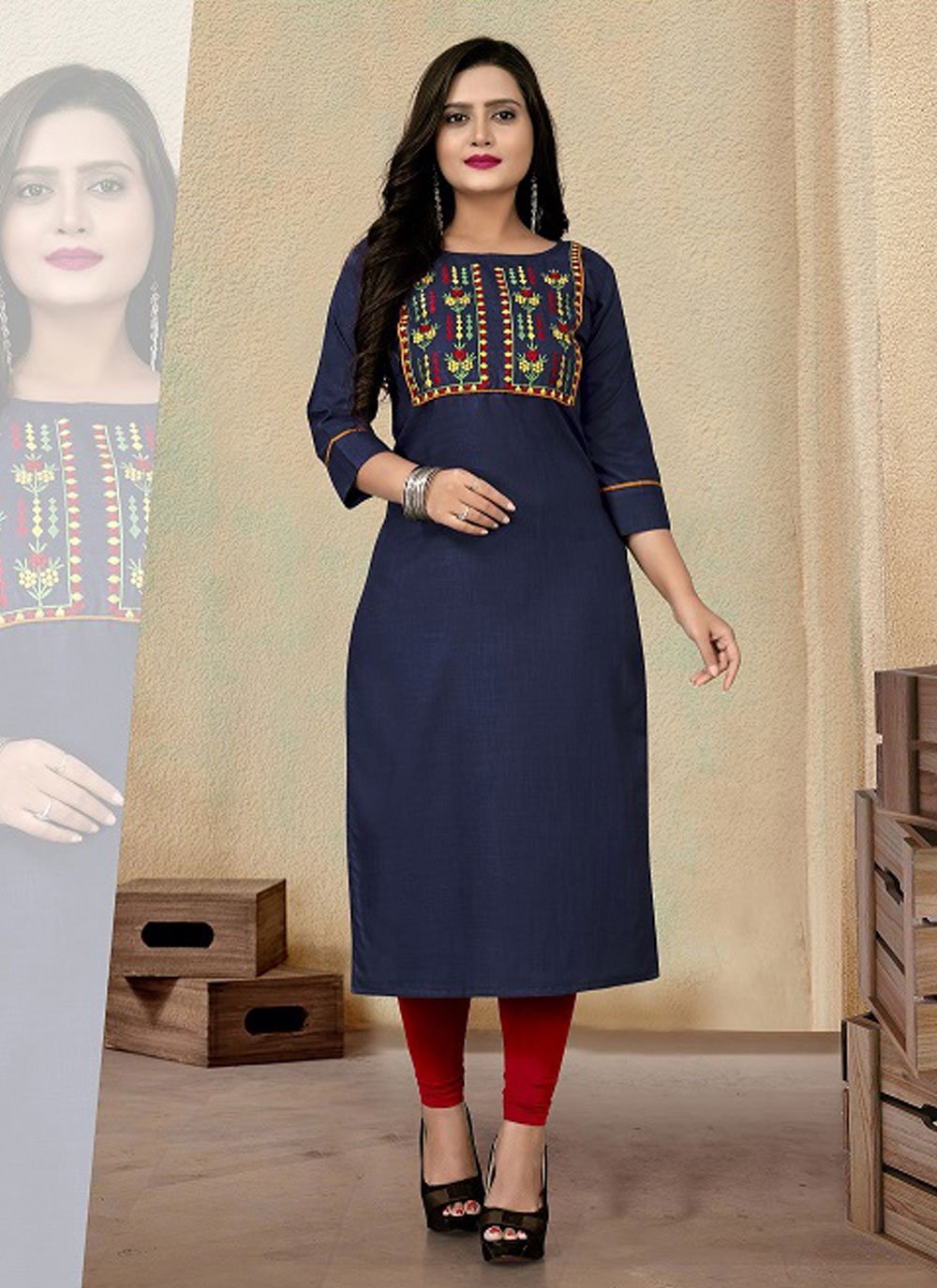 Shop Online Embroidered Navy Blue Party Wear Kurti : 185418