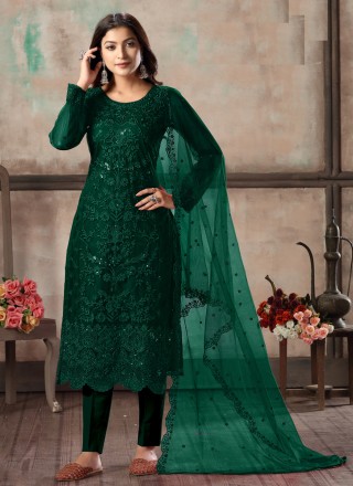 embroidered net churidar designer suit in green 171995