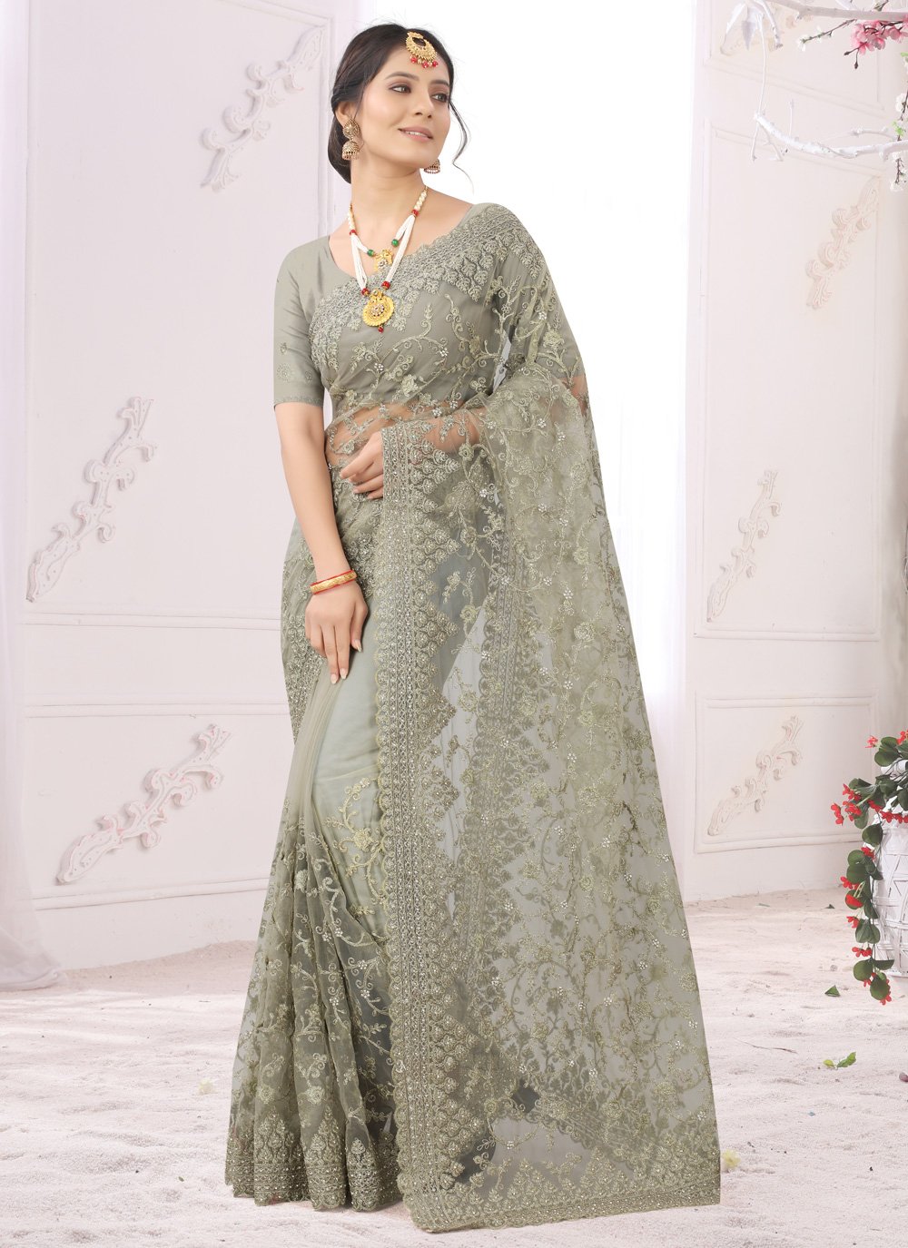Embroidered Net Classic Saree in Grey