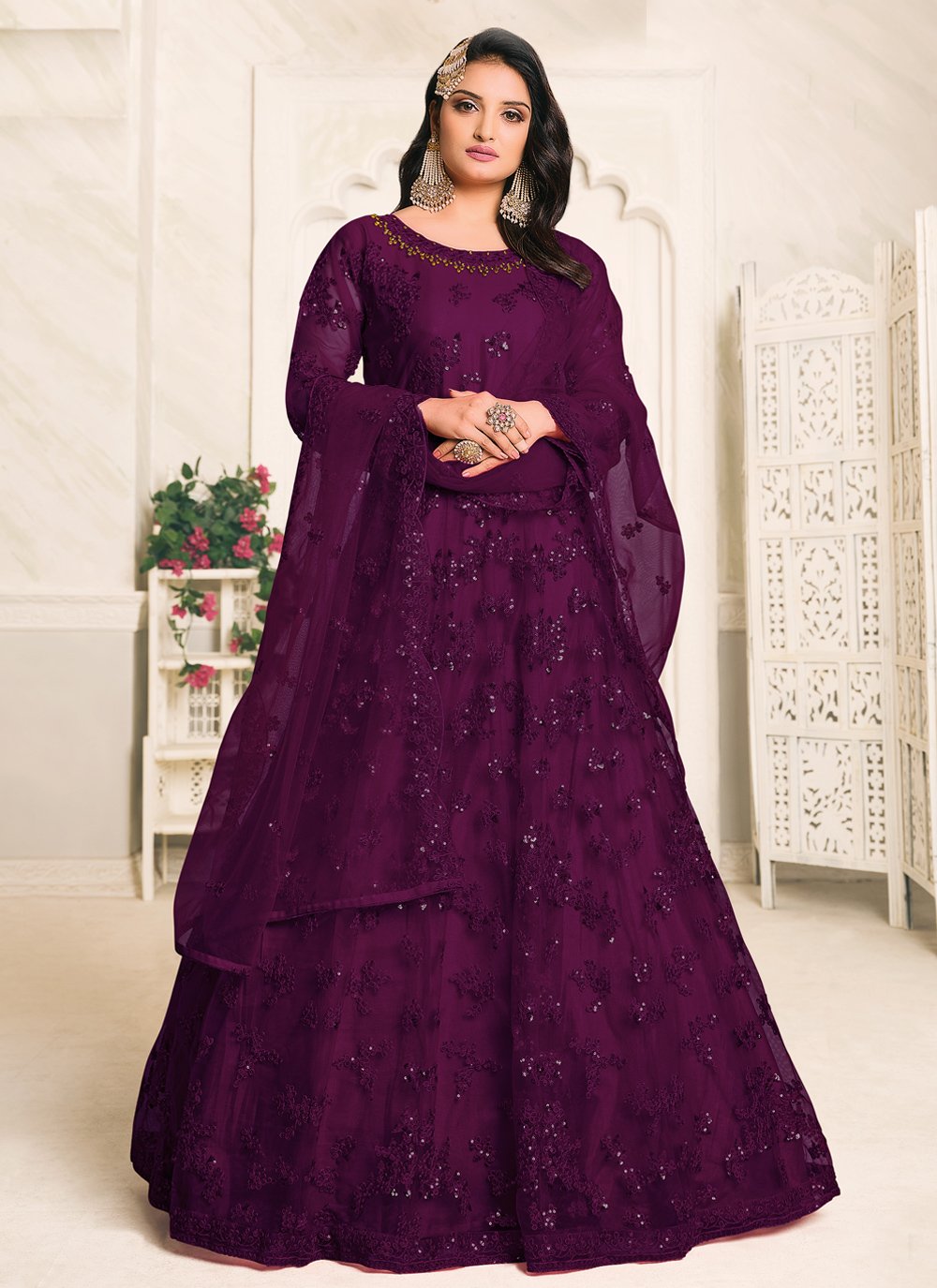 Embroidered Net Designer Floor Length Salwar Suit in Purple