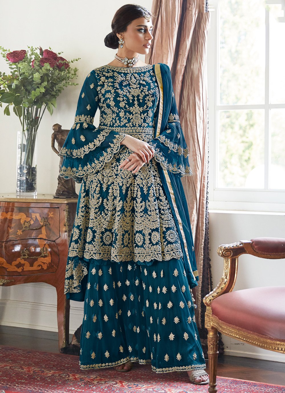 Embroidered Net Designer Palazzo Salwar Suit in Rama