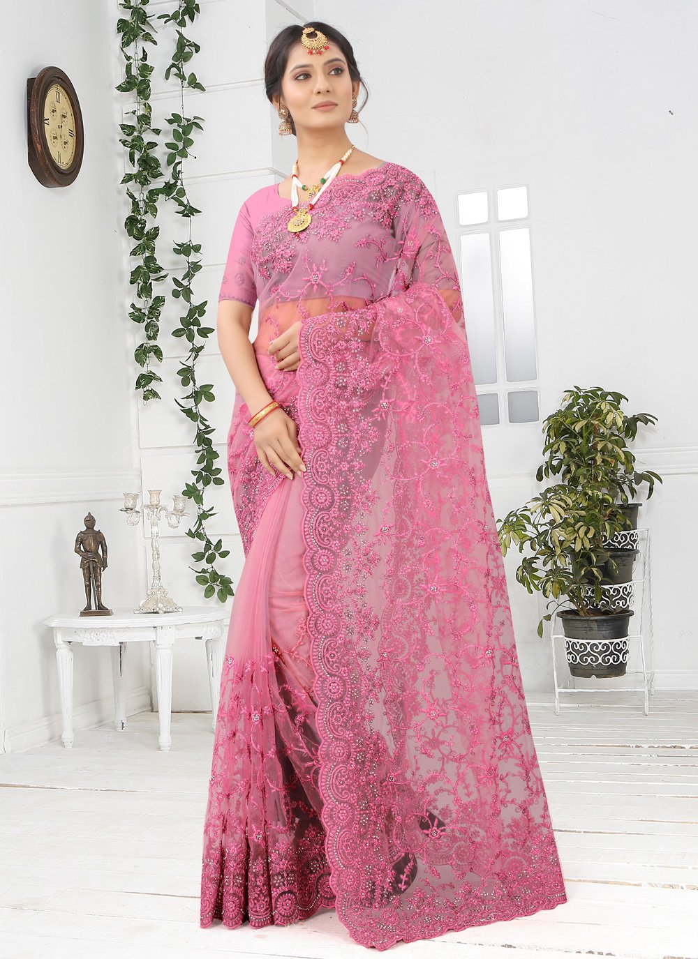Embroidered Net Designer Saree in Pink