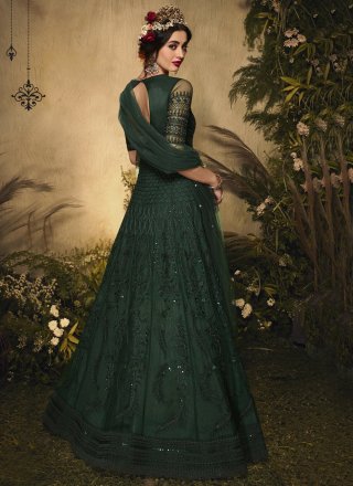 Embroidered Net Floor Length Anarkali Suit in Green