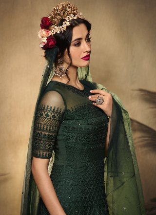 Embroidered Net Floor Length Anarkali Suit in Green