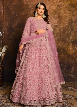 Embroidered Net Floor Length Anarkali Suit in Pink