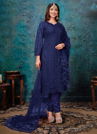 Embroidered Net Pant Style Suit in Blue