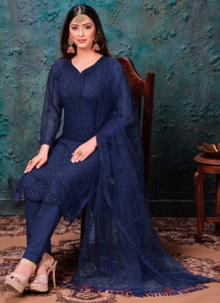 Embroidered Net Pant Style Suit in Blue