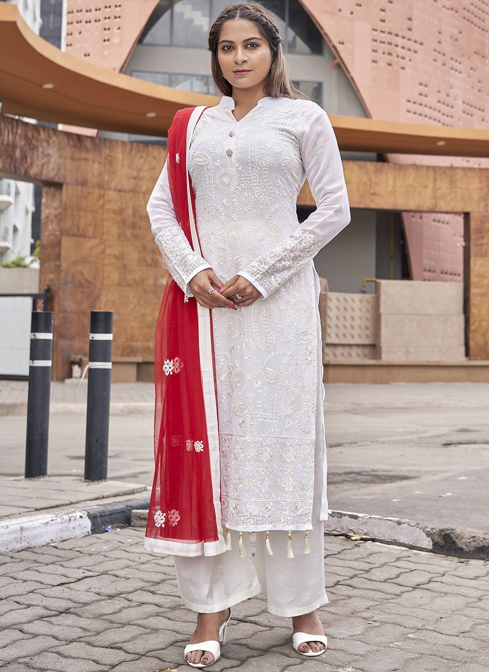 Embroidered Off White Designer Palazzo Suit