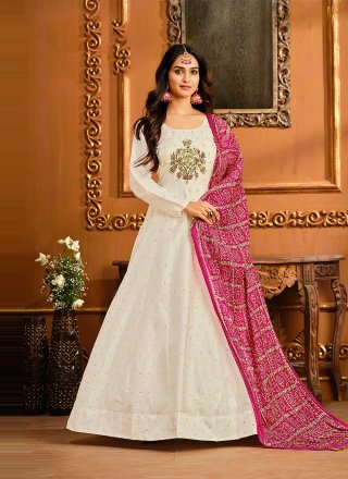 Embroidered Off White Floor Length Anarkali Suit 