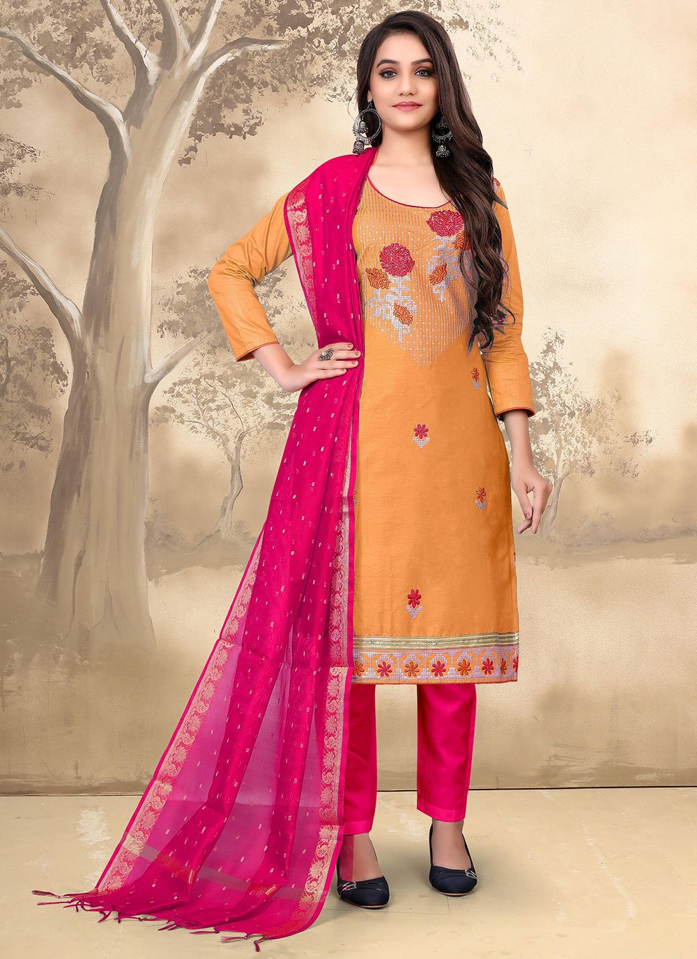 Embroidered Orange Pant Style Suit 