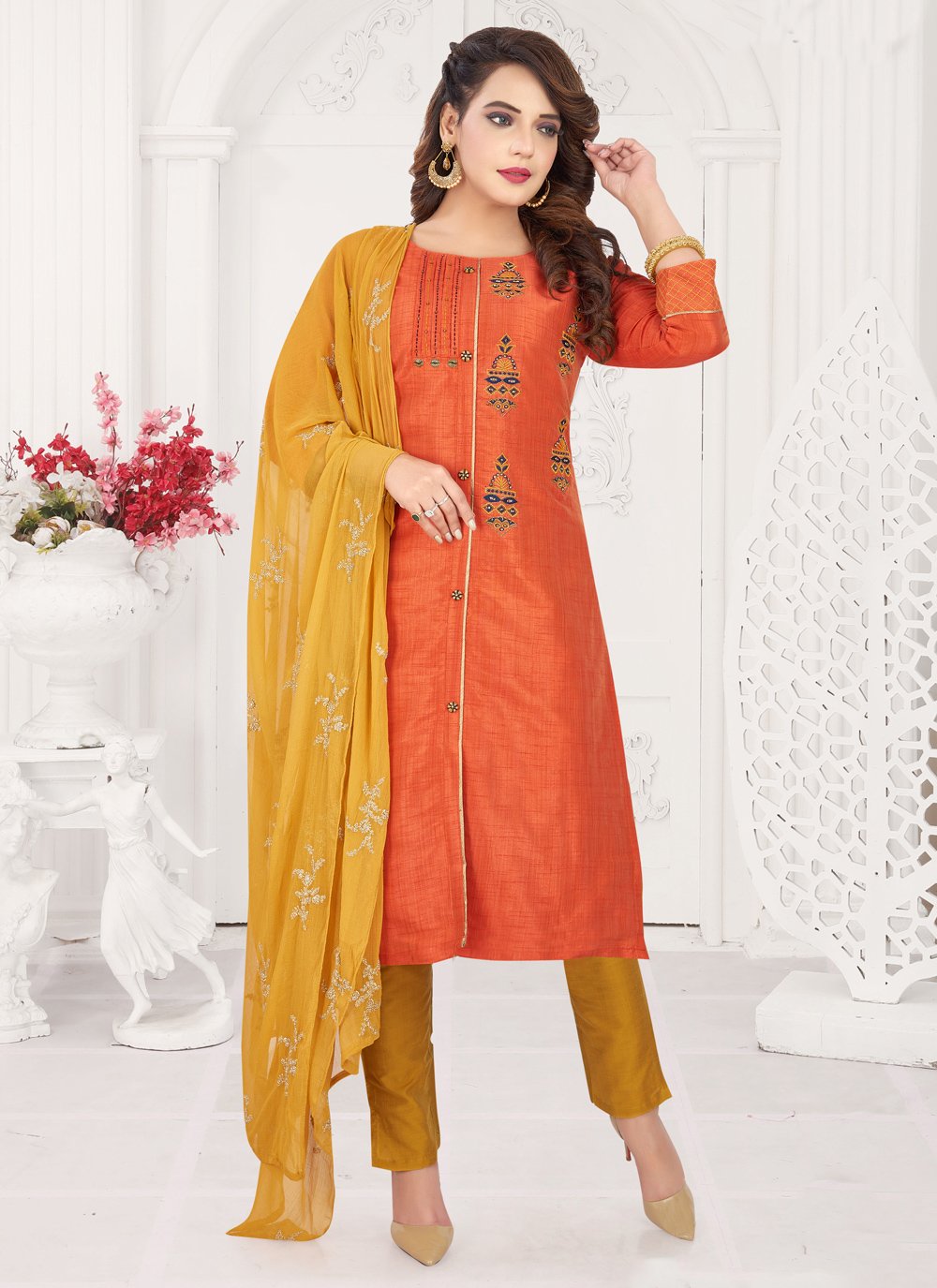 Shop Embroidered Orange Readymade Salwar Kameez Online : 174786