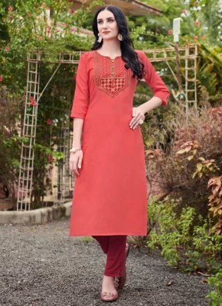 Embroidered Pink Cotton Party Wear Kurti