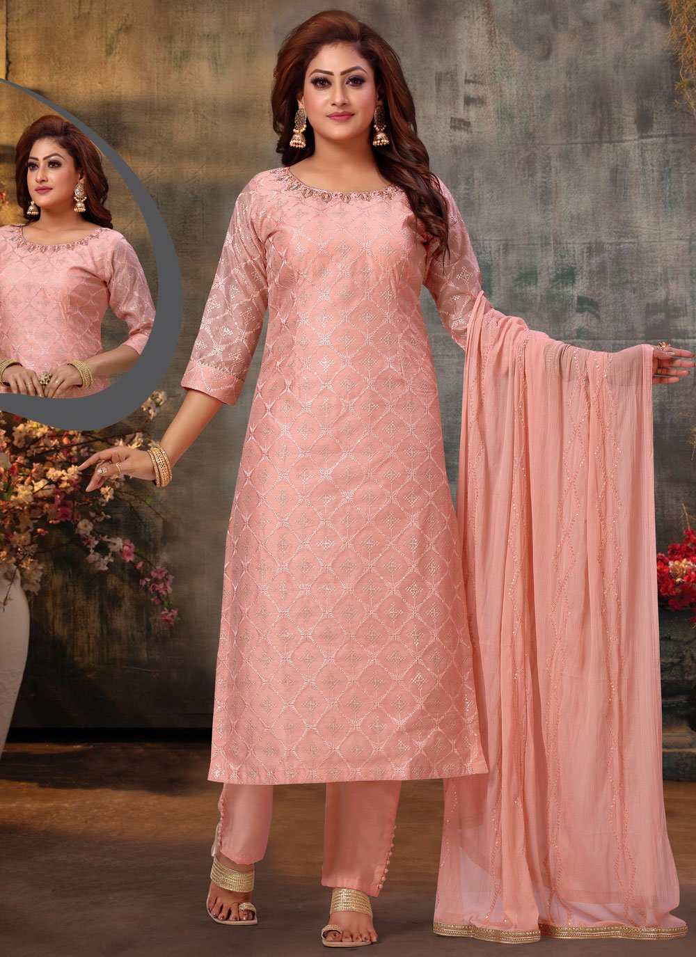 Embroidered Pink Designer Straight Suit 