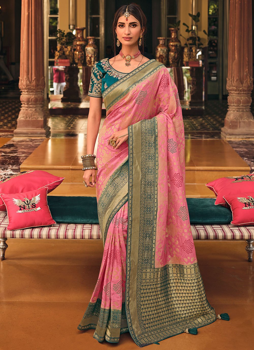Embroidered Pink Designer Traditional Saree