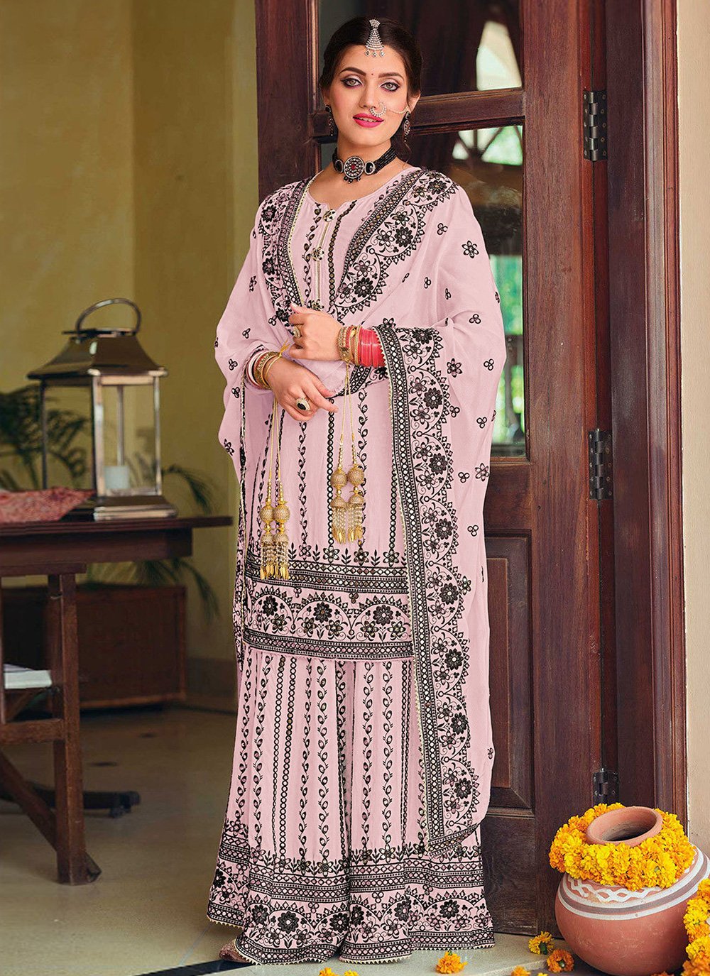Embroidered Pink Faux Georgette Designer Pakistani Salwar Suit