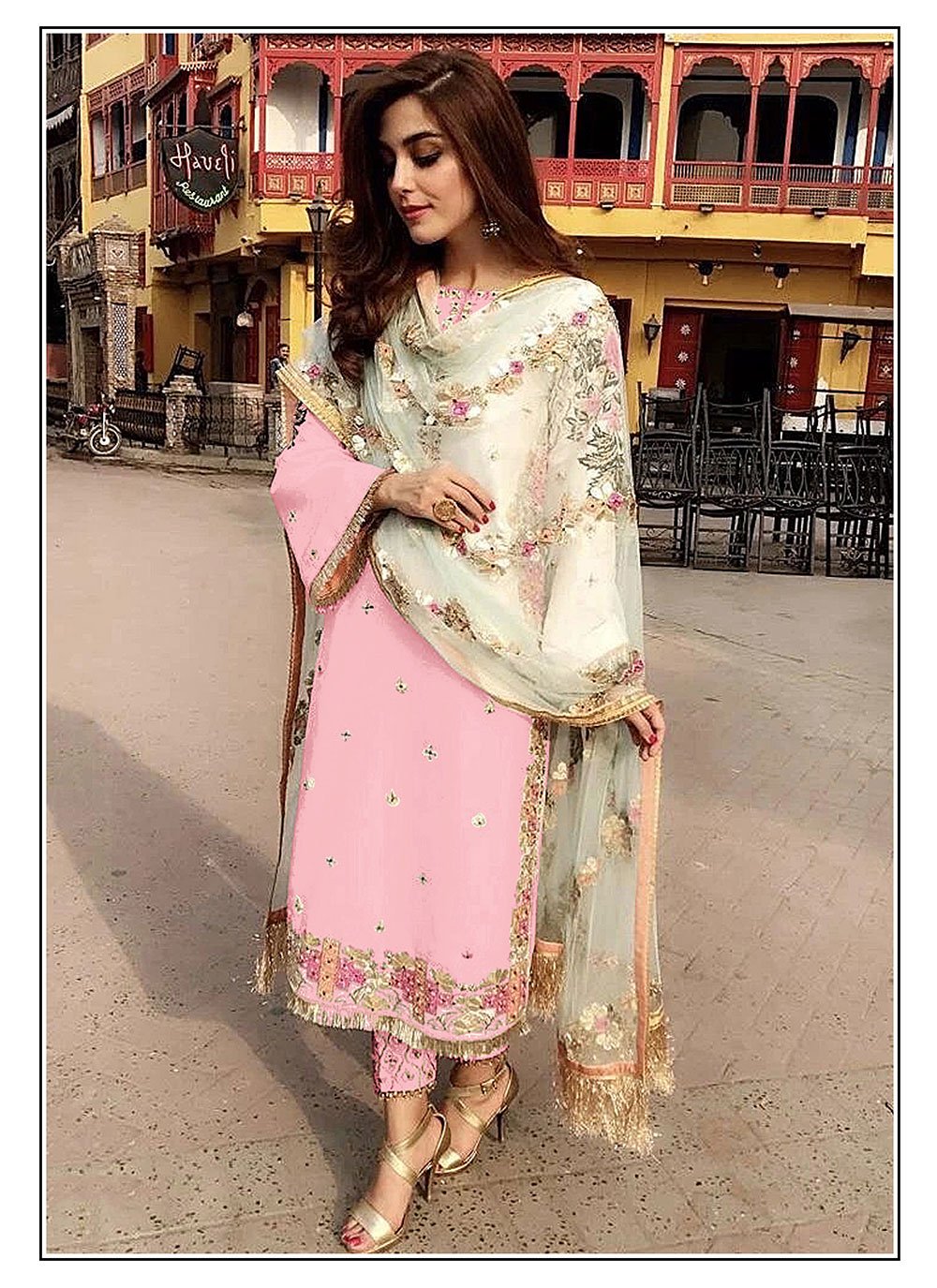 Embroidered Pink Faux Georgette Designer Straight Suit