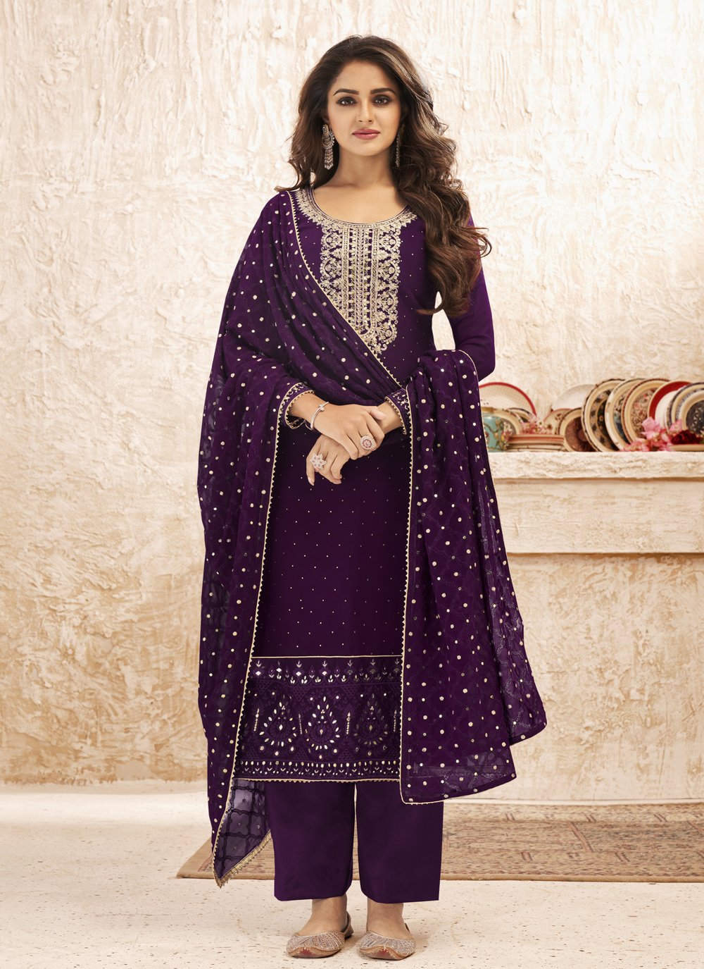 Embroidered Purple Faux Georgette Designer Straight Suit