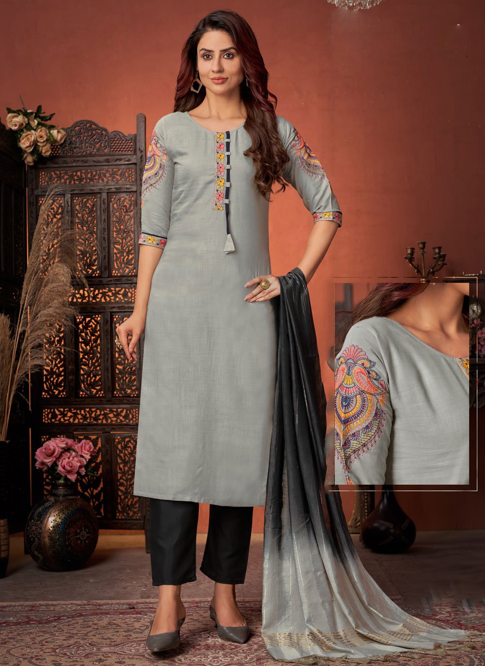 Embroidered Rayon Pant Style Suit in Grey