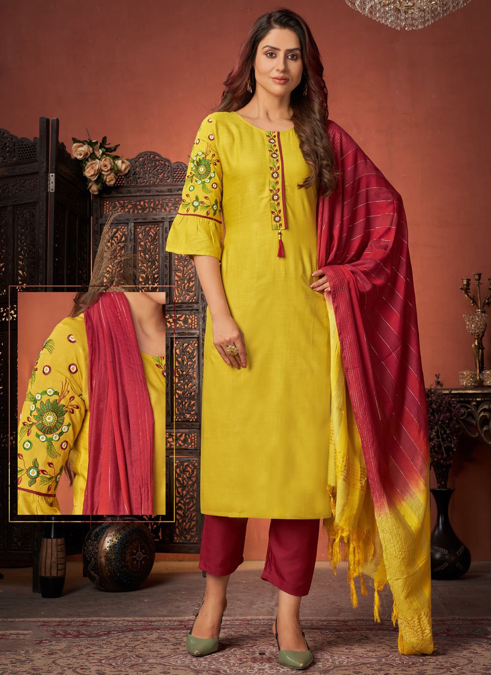 Embroidered Rayon Pant Style Suit in Yellow
