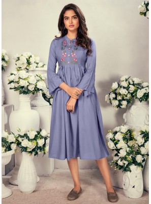 Embroidered Rayon Party Wear Kurti in Grey
