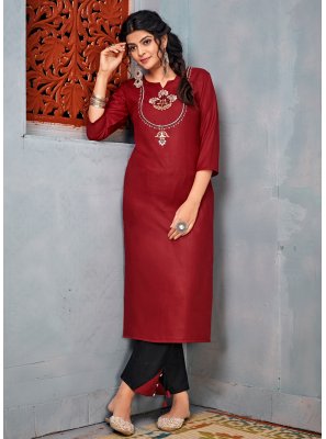Embroidered Rayon Party Wear Kurti in Maroon