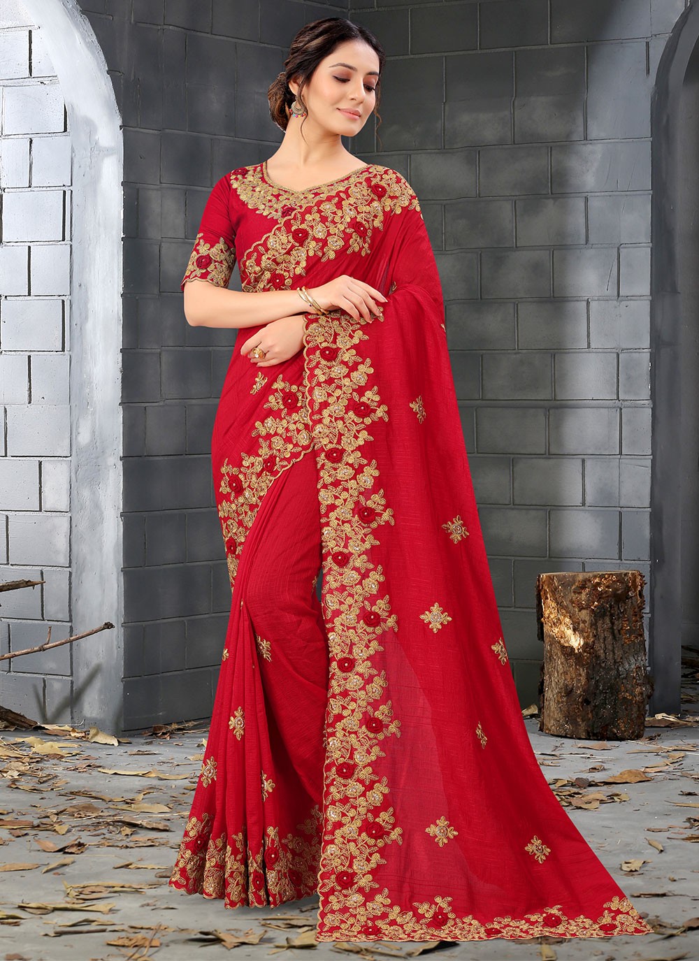 Embroidered Red Designer Saree buy online -