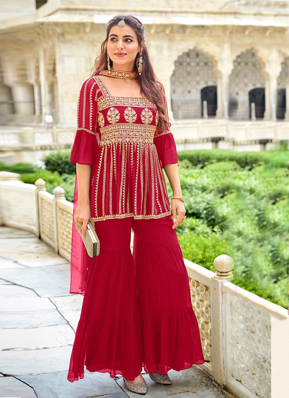 Embroidered Red Faux Georgette Designer Pakistani Salwar Suit