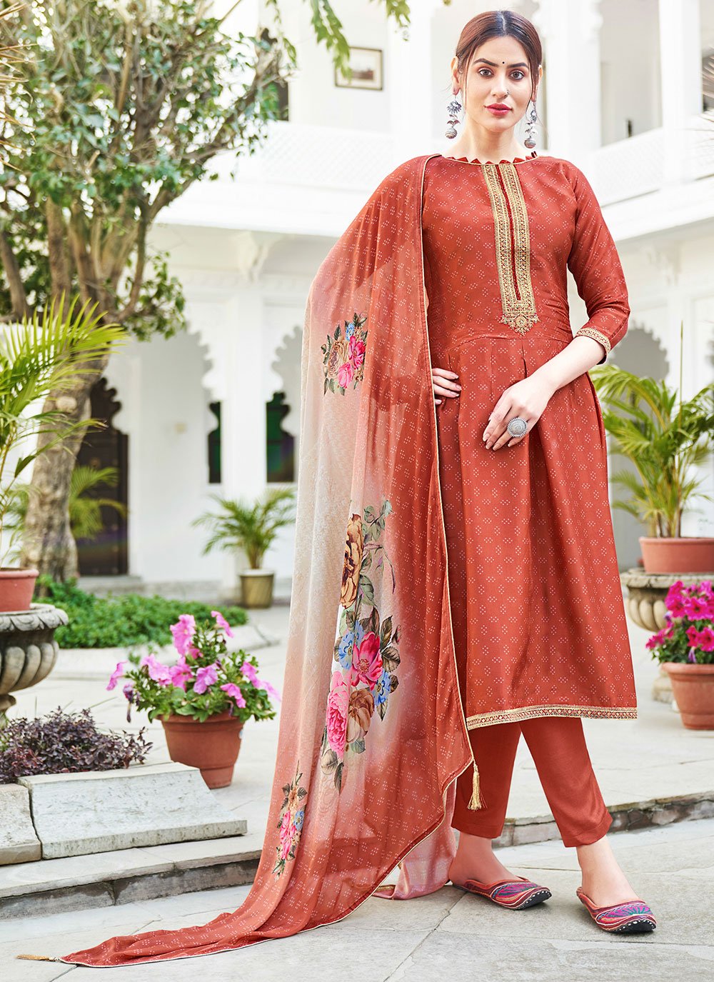 Embroidered Red Pant Style Suit 