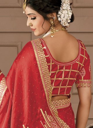 Embroidered Red Satin Silk Designer Traditional Saree