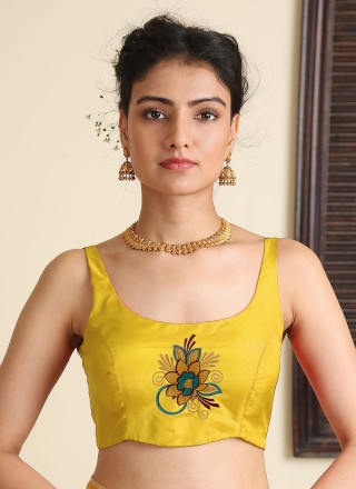 Embroidered Satin Silk Blouse in Yellow