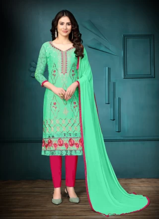 Embroidered Sea Green Cotton Churidar Suit